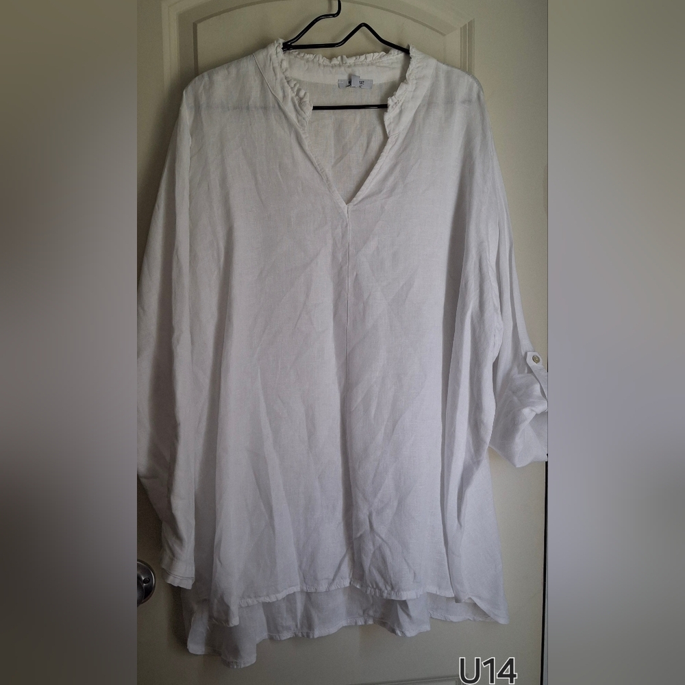 Rosemarine White V-Neck Blouse Linen 3XL  ‎ Boho Resort Wear Beach Cruise